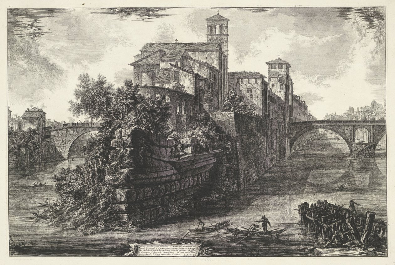 Tibereiland te Róma Kilátás a Tiberis-szigetre (cím a tárgyon) Gezichten op Rome (sorozat címe) Róma látképei, amelyeket Giambattista Piranesi építész, Ve (nez) iano tervezett és vésett (sorozat címe) alkotó: Giovanni Battista Piranesi