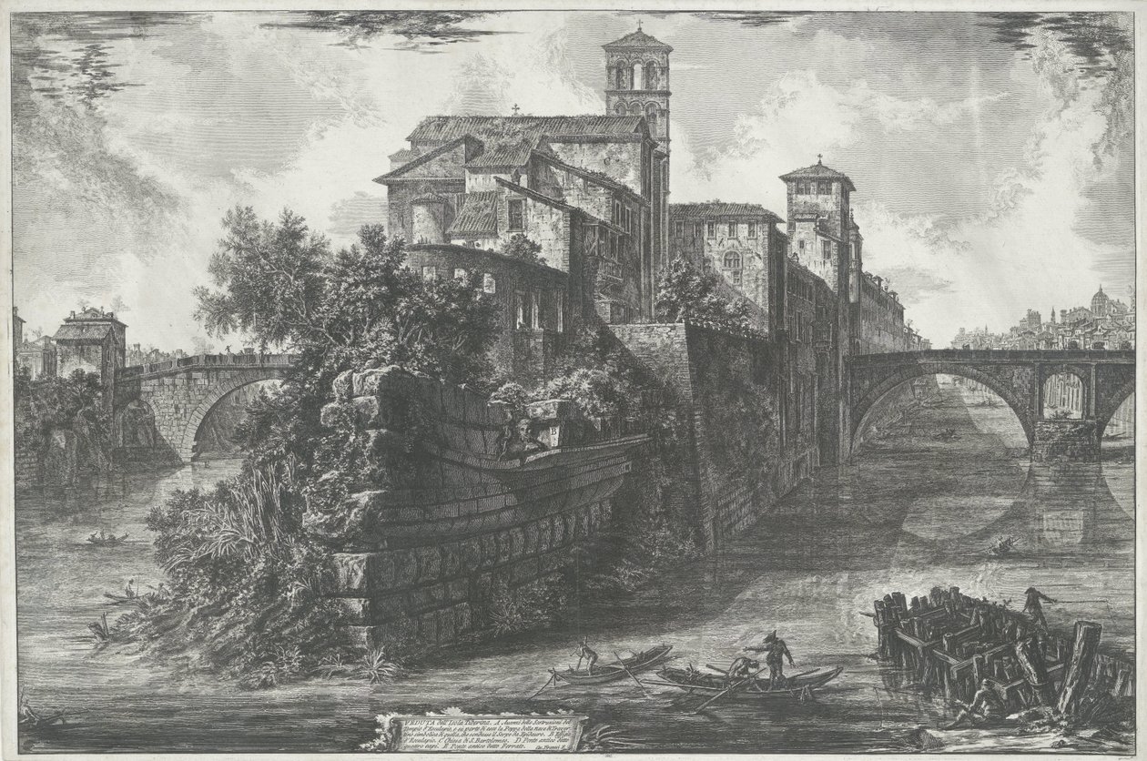 Tibereiland te Róma Kilátás a Tiberis-szigetre (cím a tárgyon) Gezichten op Rome (sorozat címe) Róma látképei, amelyeket Giambattista Piranesi építész, Ve (nez) iano tervezett és vésett (sorozat címe) alkotó: Giovanni Battista Piranesi