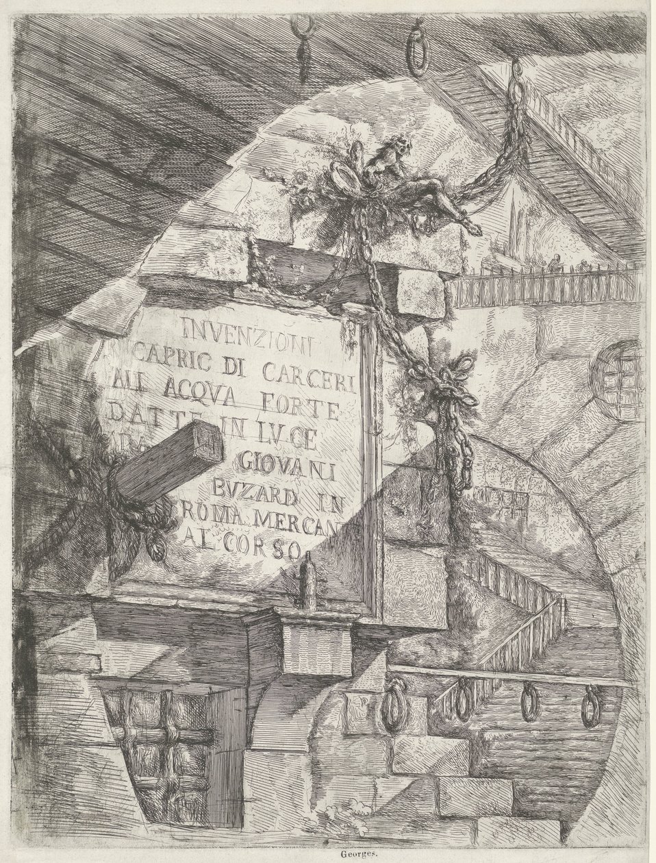 Címnyomat arccal a börtönben és címmel a falon Dungeons (sorozat címe) Invenzioni Capric di Carceri all Acqua Forte (sorozat címe az objektumon) alkotó: Giovanni Battista Piranesi