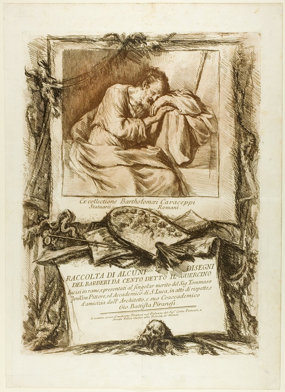 Címlap: Számos rajz gyűjteménye, melyeket Barbieri da Cento (Guercino néven) vésettek rézbe, és Thomas Jenkinsnek, festőnek, a Szent Lukács Akadémia tagjának ajándékozták tagtársa, az ív tiszteletéből és barátságából. alkotó: Giovanni Battista Piranesi