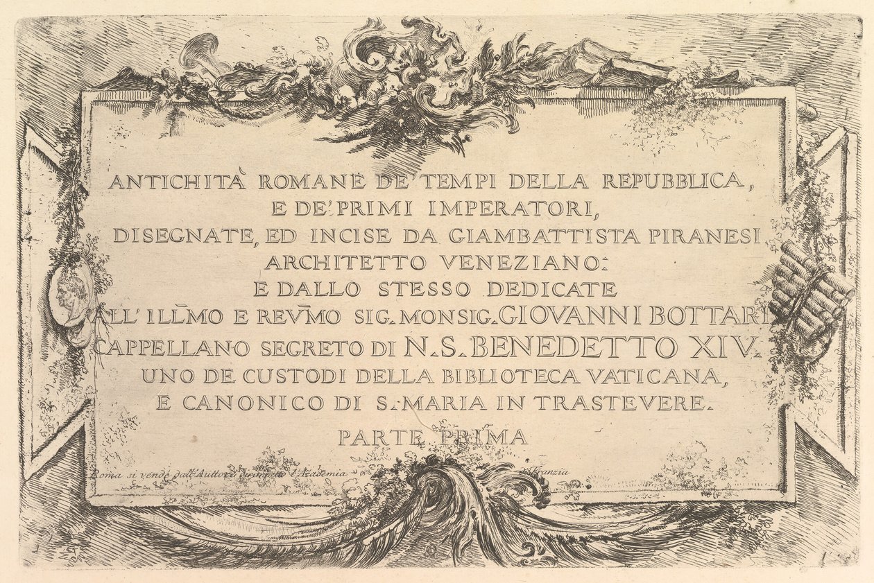 Címlap: A köztársaság korának római ókora és Antich első császárai..., kb. 1748. alkotó: Giovanni Battista Piranesi