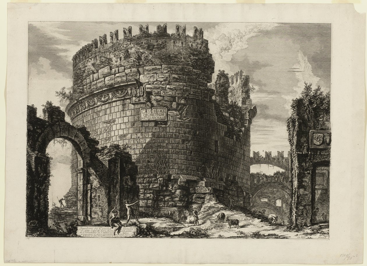 Caecilia Metella síremléke, a Views of Rome (Róma látképei) oldalról alkotó: Giovanni Battista Piranesi