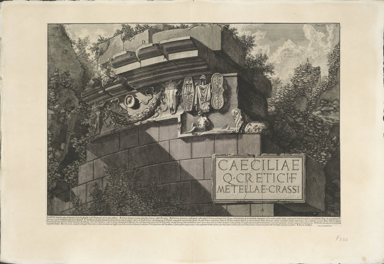 Tombe van Caecilia Metella Rómában Cecilia Metella sírja homlokzatának egy része a ma létező díszekkel (cím a tárgyon) Archeologische vondsten in en rond Rome (sorozat címe) Római régiségek (sorozat címe) alkotó: Giovanni Battista Piranesi
