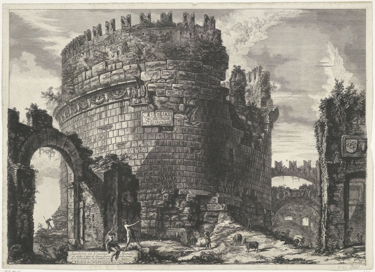 Tombe van Caecilia Metella Rómában Cecilia Metell sírja (...) (cím az objektumon) Gezichten op Rome (sorozat címe) Róma látképei, amelyeket Giambattista Piranesi építész, Ve (nez) iano tervezett és vésett (sorozat címe) alkotó: Giovanni Battista Piranesi