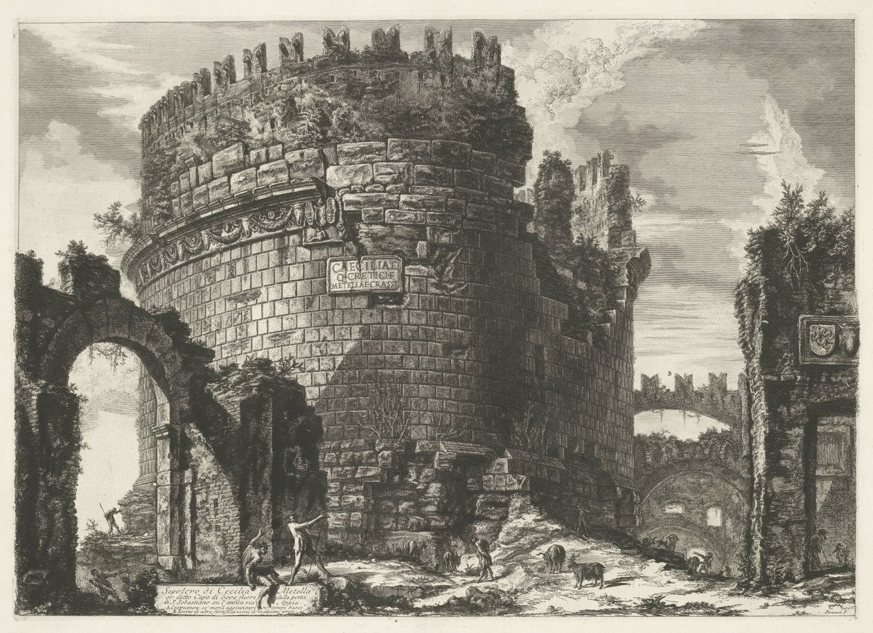 Tombe van Caecilia Metella Rómában Cecilia Metella sírja (...) (cím az objektumon) Gezichten op Rome (sorozat címe) Róma látképei, amelyeket Giambattista Piranesi építész, Ve (nez) iano tervezett és vésett (sorozat címe) alkotó: Giovanni Battista Piranesi