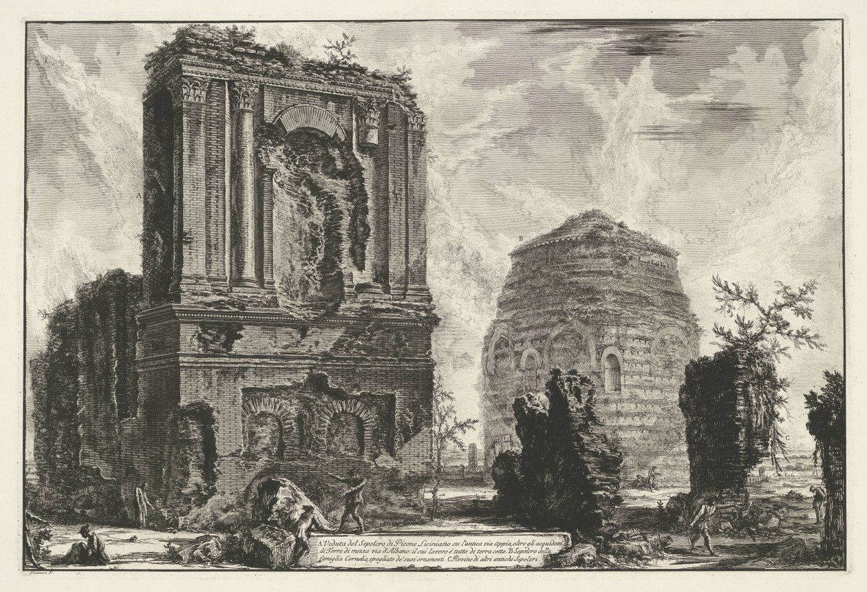 Tombes van Licinianus Piso és Cornelius család a Via Appia-n Gezichten op Rome (sorozat címe) Róma kilátásai, amelyeket Giambattista Piranesi építész, Ve (nez) iano tervezett és vésett (sorozat címe) alkotó: Giovanni Battista Piranesi