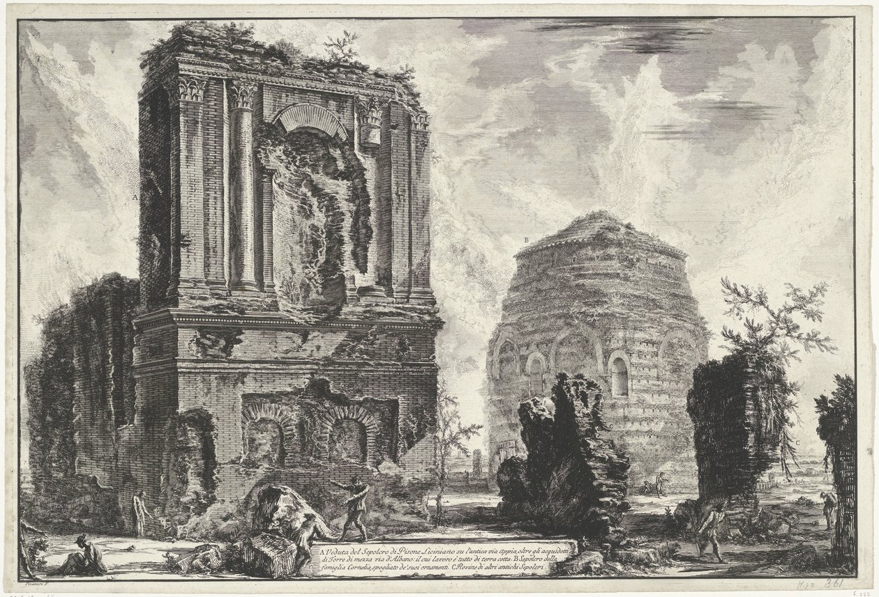 Tombes van Licinianus Piso és Cornelius család a Via Appia-n Gezichten op Rome (sorozat címe) Róma kilátásai, amelyeket Giambattista Piranesi építész, Ve (nez) iano tervezett és vésett (sorozat címe) alkotó: Giovanni Battista Piranesi