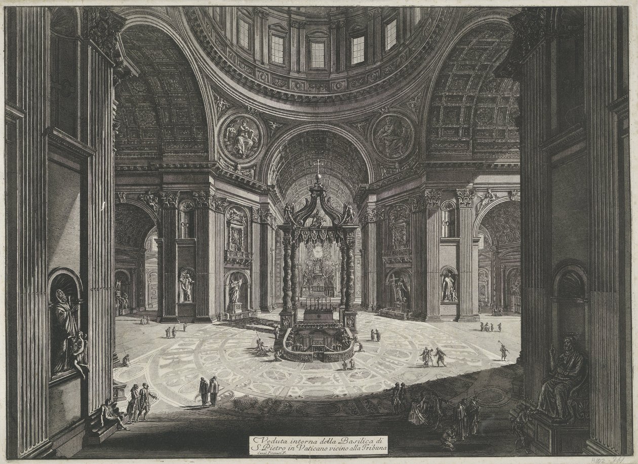 Transept van de Sint-Pietersbasiliek te Vaticaanstad A vatikáni Szent Péter-bazilika belső képe a Tribuna közelében (cím a tárgyon) Gezichten op Rome (sorozat címe) Róma kilátásait Giambattista Piranesi építész, Ve ( alkotó: Giovanni Battista Piranesi