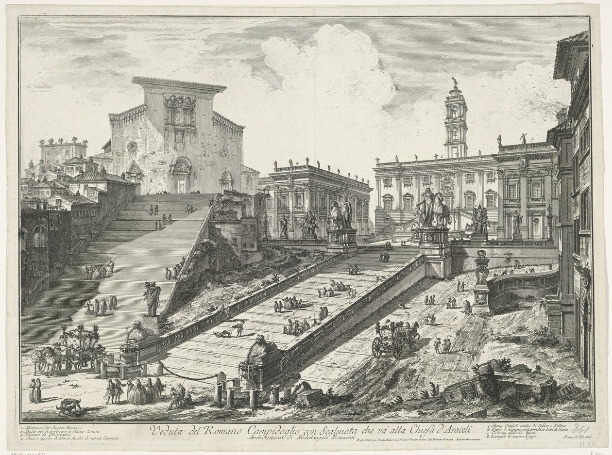 Trappen naar Piazza del Campidoglio en de Santa Maria in Aracoeli te Róma Kilátás a római Campidoglio-ra az Araceli-templomhoz vezető lépcsővel (cím a tárgyon) Gezichten op Rome (sorozat címe) Giambattista Pira által tervezett és metszett római kilátás alkotó: Giovanni Battista Piranesi