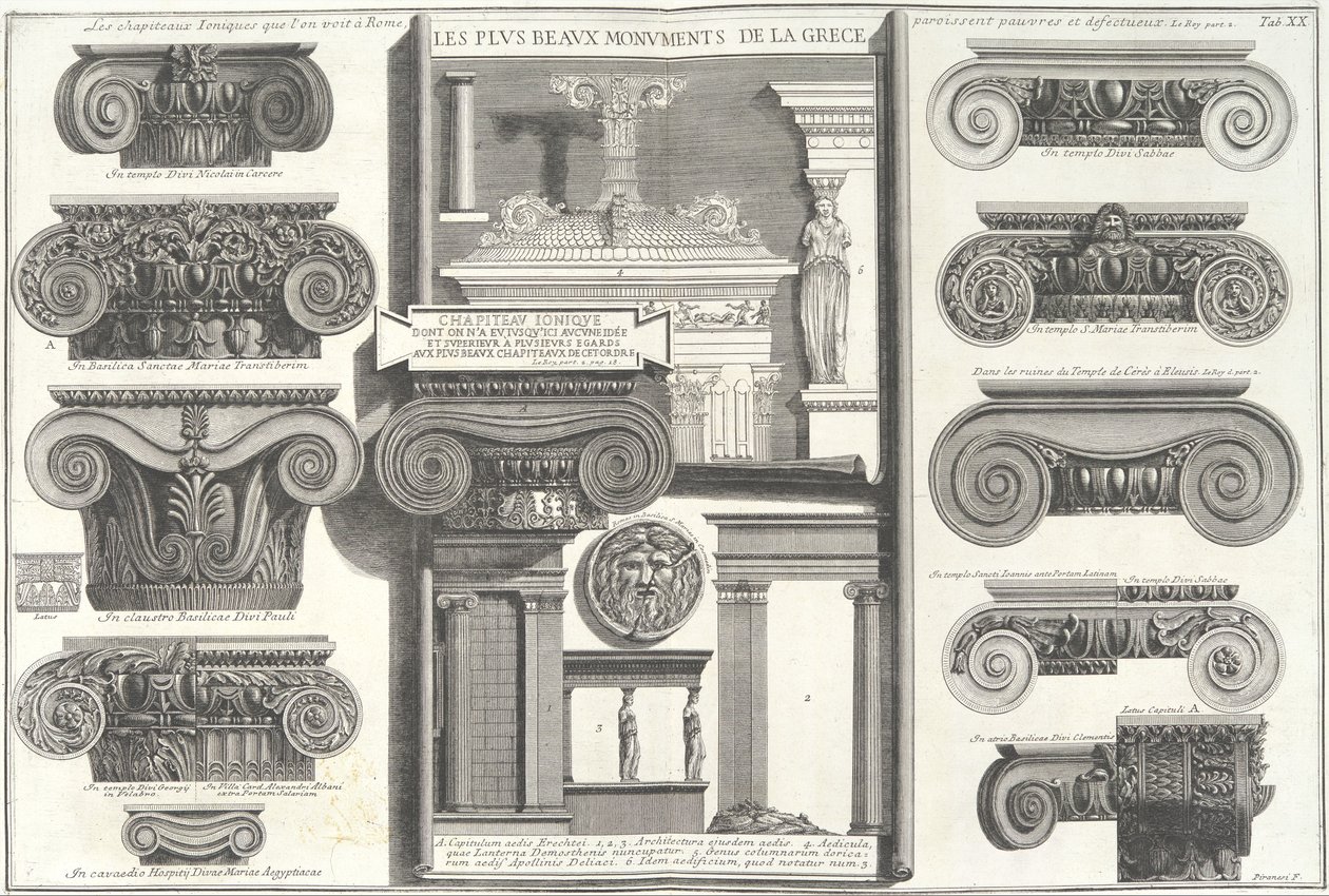 Különféle római jón fővárosok a görög példákkal összehasonlítva..., 18. század közepe. alkotó: Giovanni Battista Piranesi