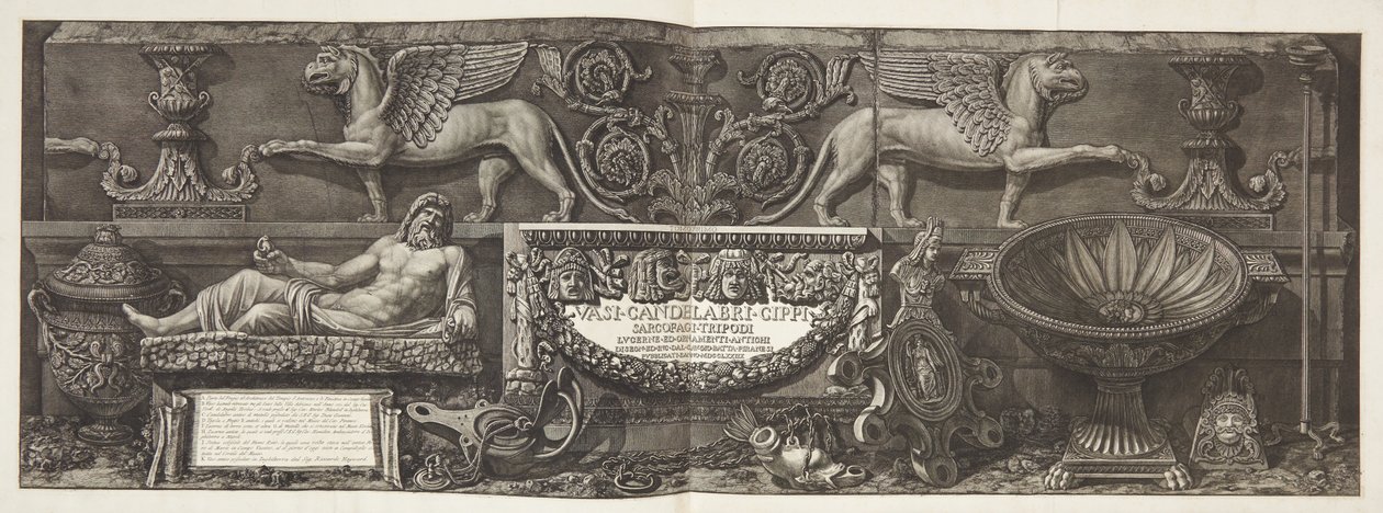 „Vázák, gyertyatartók, ciszternák, szarkofágok...”, címlap a köt. én alkotó: Giovanni Battista Piranesi