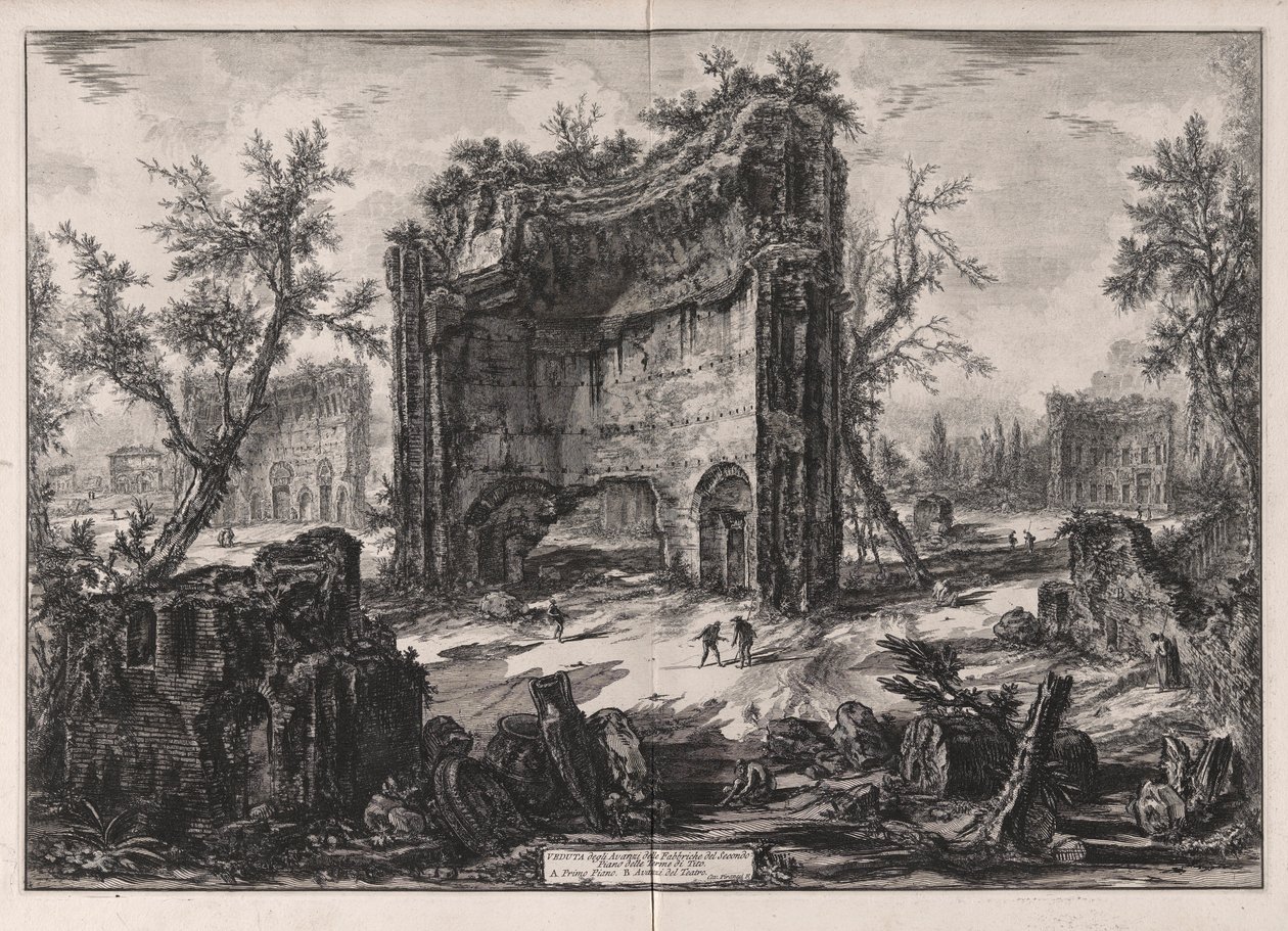 Kilátás az épületmaradványokra a Titus fürdő második emeletén, a Vedute di Roma felől (Róma látképe) alkotó: Giovanni Battista Piranesi