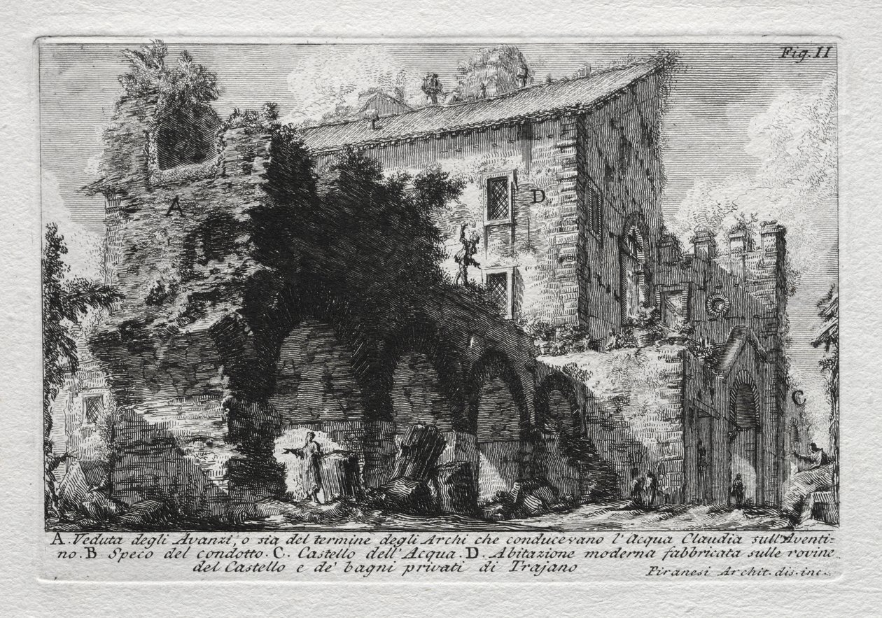 Kilátás az Acqua Giuliát vezető boltívek maradványaira vagy mindkét végére alkotó: Giovanni Battista Piranesi