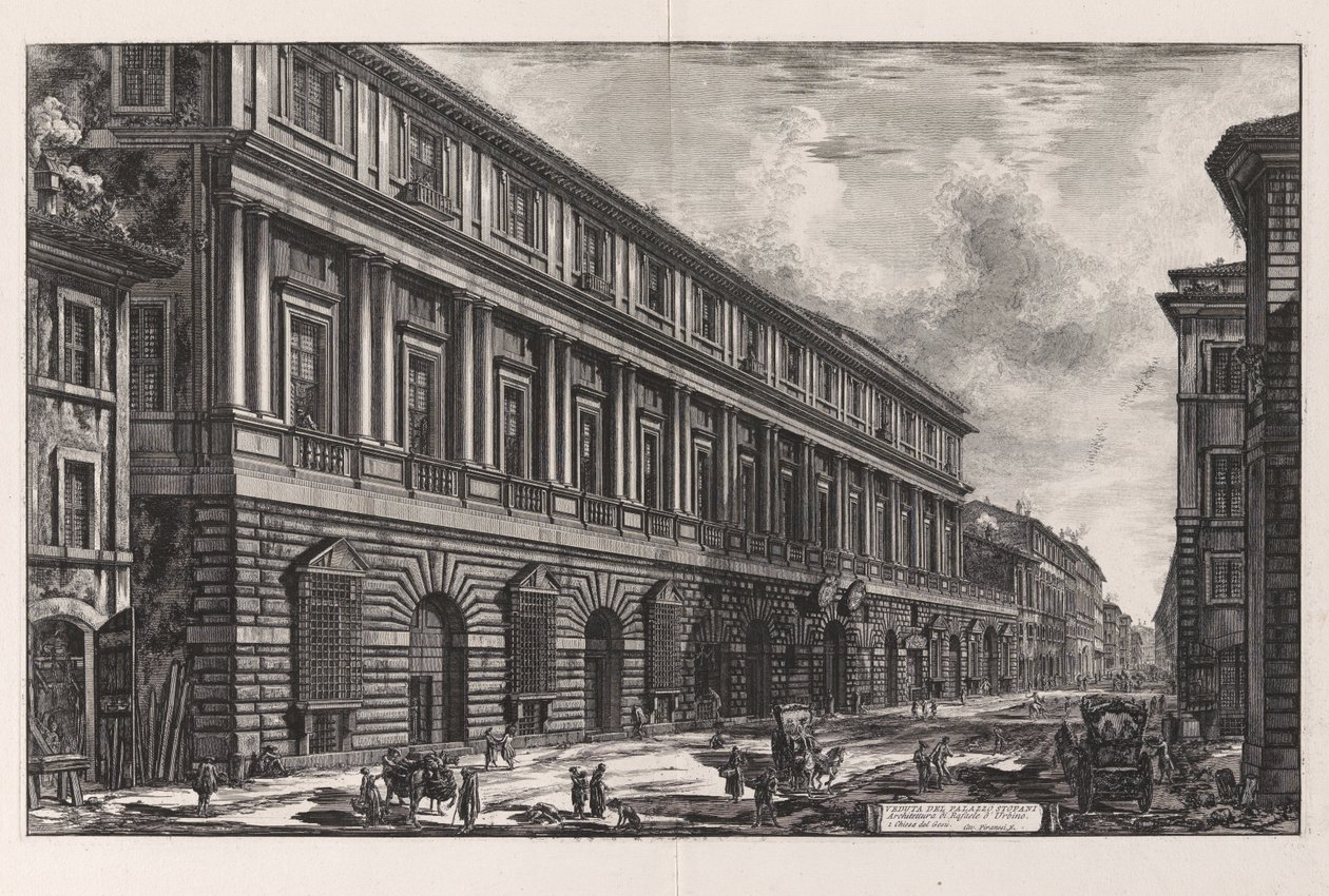 A Palazzo Stopani látképe. Raffaello da Urbino építészete, a Vedute di Roma (Róma látképei) című sorozatból alkotó: Giovanni Battista Piranesi