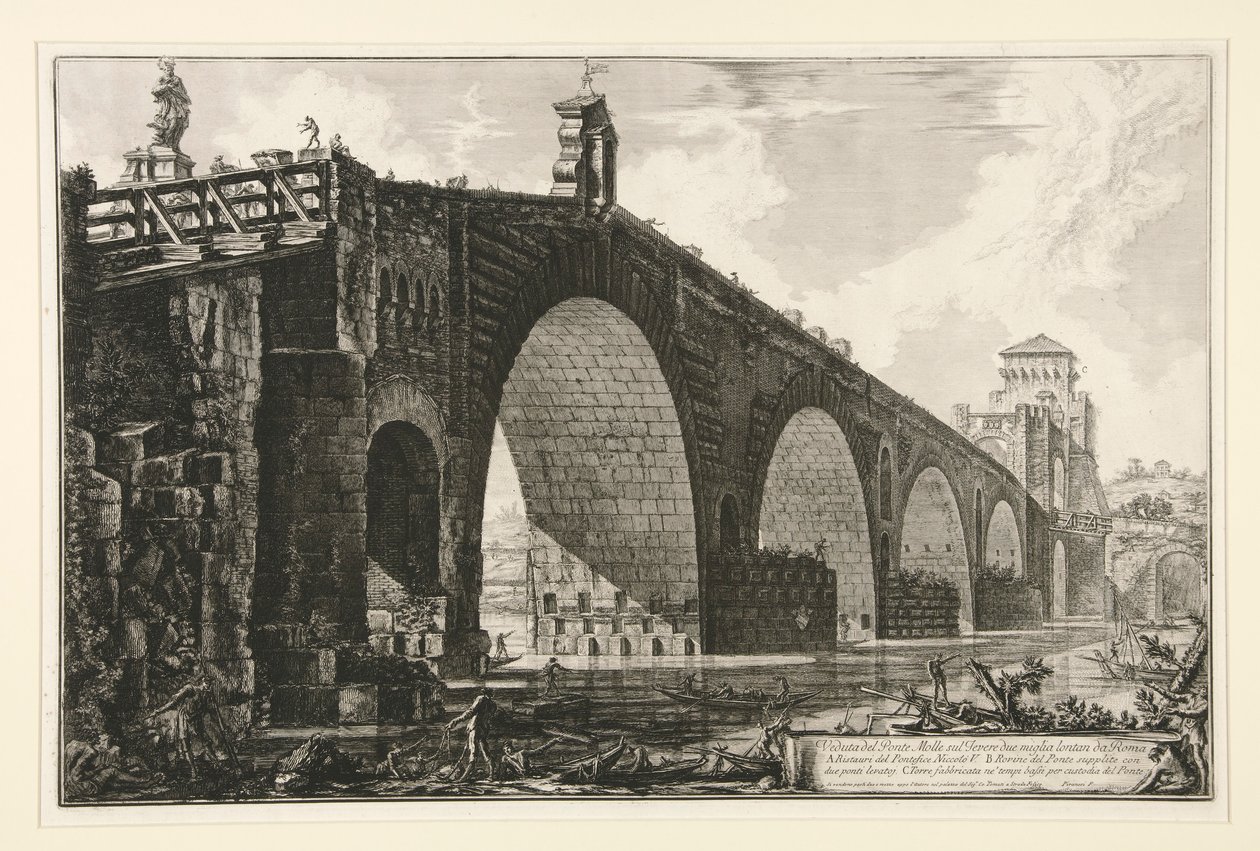 Kilátás a Tiberisen átívelő Milvius-hídra két mérföldre Rómán kívül, Vedute di Romától alkotó: Giovanni Battista Piranesi