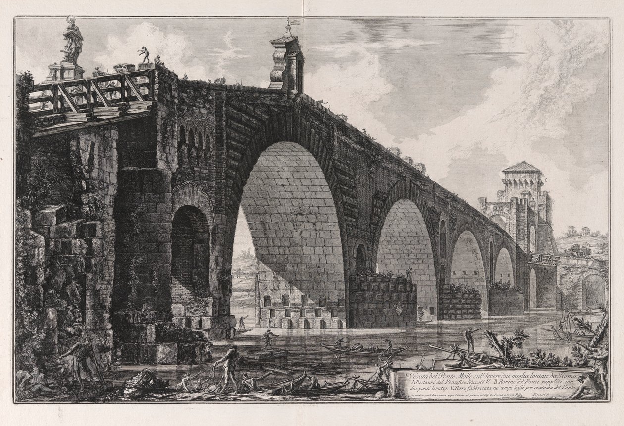 Kilátás a Milvius-hídra a Tiberis felett két mérfölddel Rómán kívül, a Vedute di Roma felől (Római kilátás) alkotó: Giovanni Battista Piranesi