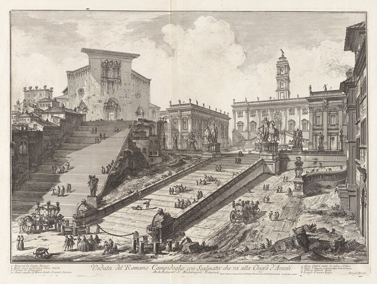 Kilátás a római Capitoliumra, a lépcsőházzal felfelé alkotó: Giovanni Battista Piranesi