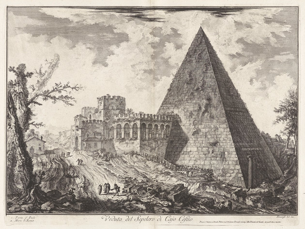 Kilátás a Sepolcro di Cajo Cestióra (Caius Cestius piramis sírjának képe [a Porta S. Paoloval balra]), a Vedute di Romáról (Róma látképe) alkotó: Giovanni Battista Piranesi