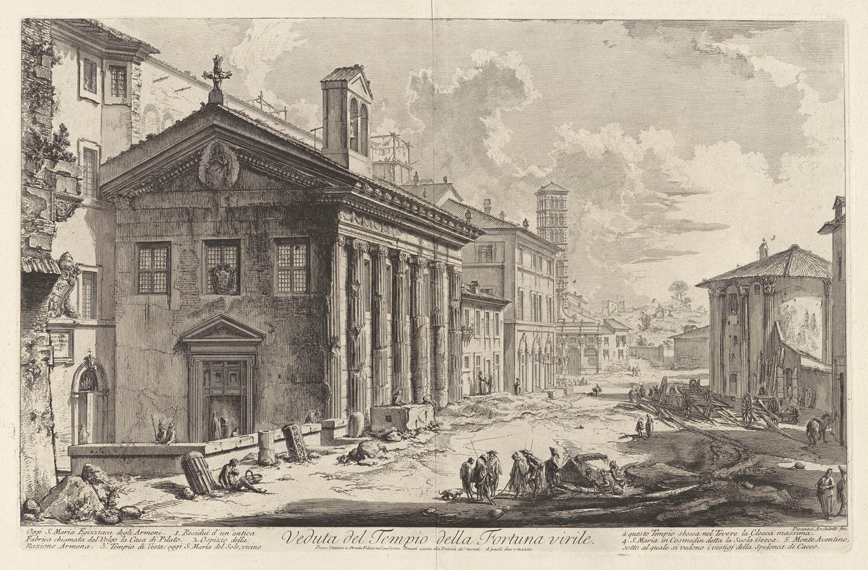 Kilátás a férfias szerencse templomára. Ma S. Maria Egizziaca degli Armeni (Fortuna Virilis templomának kilátása. Jelenleg a Santa Maria Egizziaca örmény templom [jelenleg Portunus templomának gondolják]), Vedute di Roma-ból (Róma látképe) alkotó: Giovanni Battista Piranesi