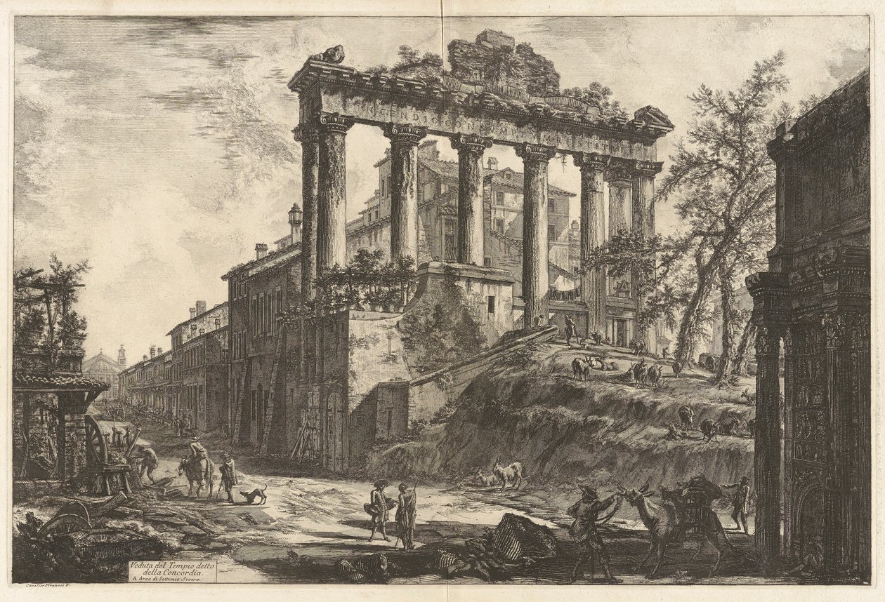 Veduta del Tempio detto della Concordia (Kilátás az úgynevezett Concord-templomra [Szaturnusz temploma Septimius Severus ívével a jobb előtérben]), a Vedute di Romától (Róma látképe) alkotó: Giovanni Battista Piranesi