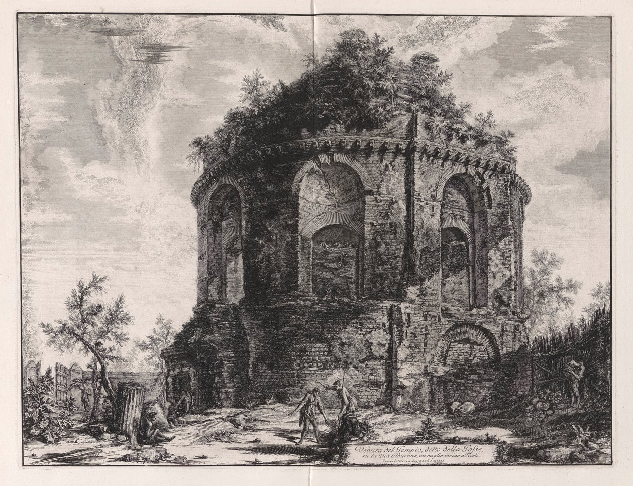 Kilátás az úgynevezett Köhögés templomára a Via Tiburtinán, egy mérföldre Tivolitól, a Vedute di Roma felől (Róma látképe) alkotó: Giovanni Battista Piranesi