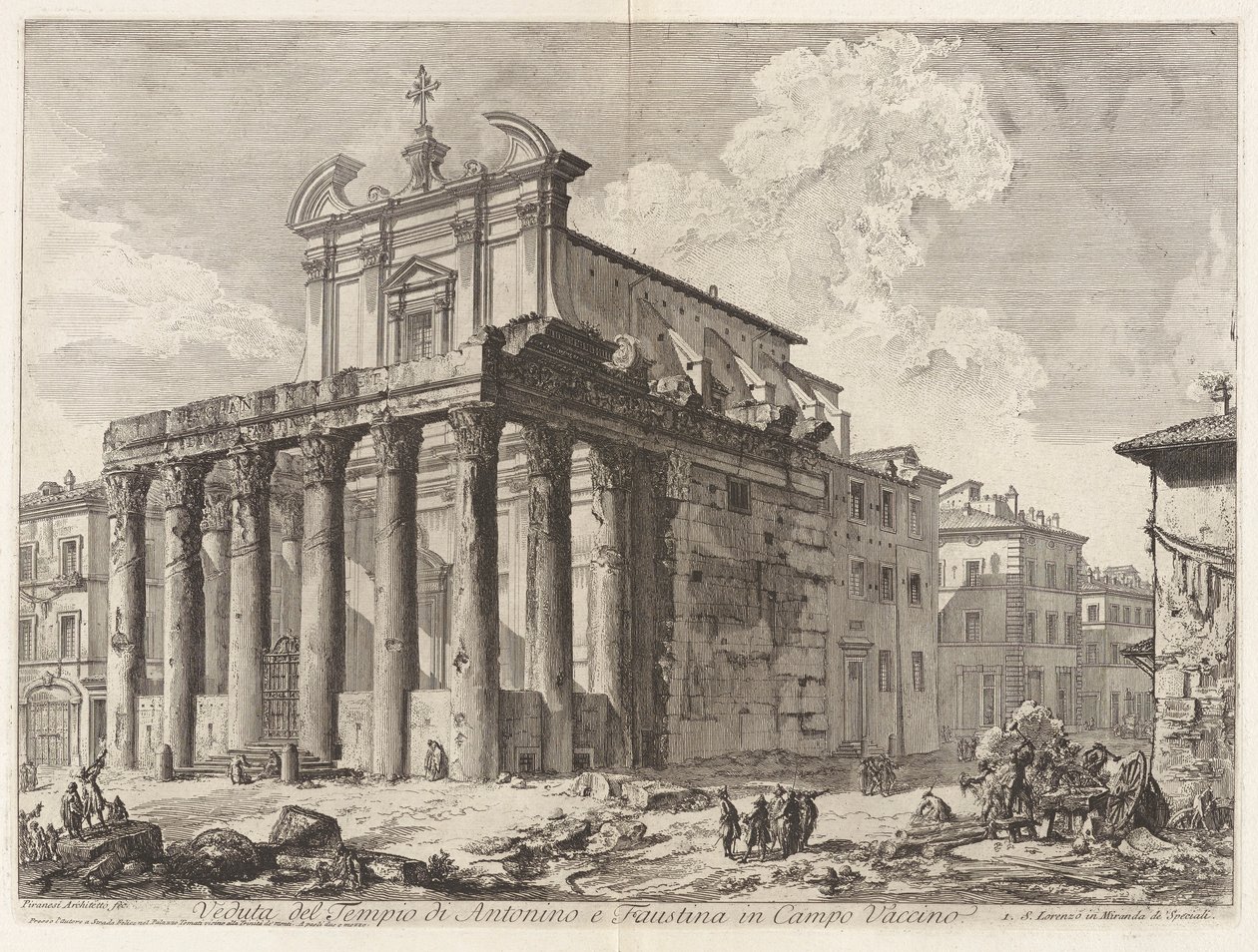 Kilátás Antoninus és Faustina templomára a Campo Vaccino-ban (Antoninus és Faustina temploma a Forum Romanumban), a Vedute di Romáról (Róma látképe) alkotó: Giovanni Battista Piranesi