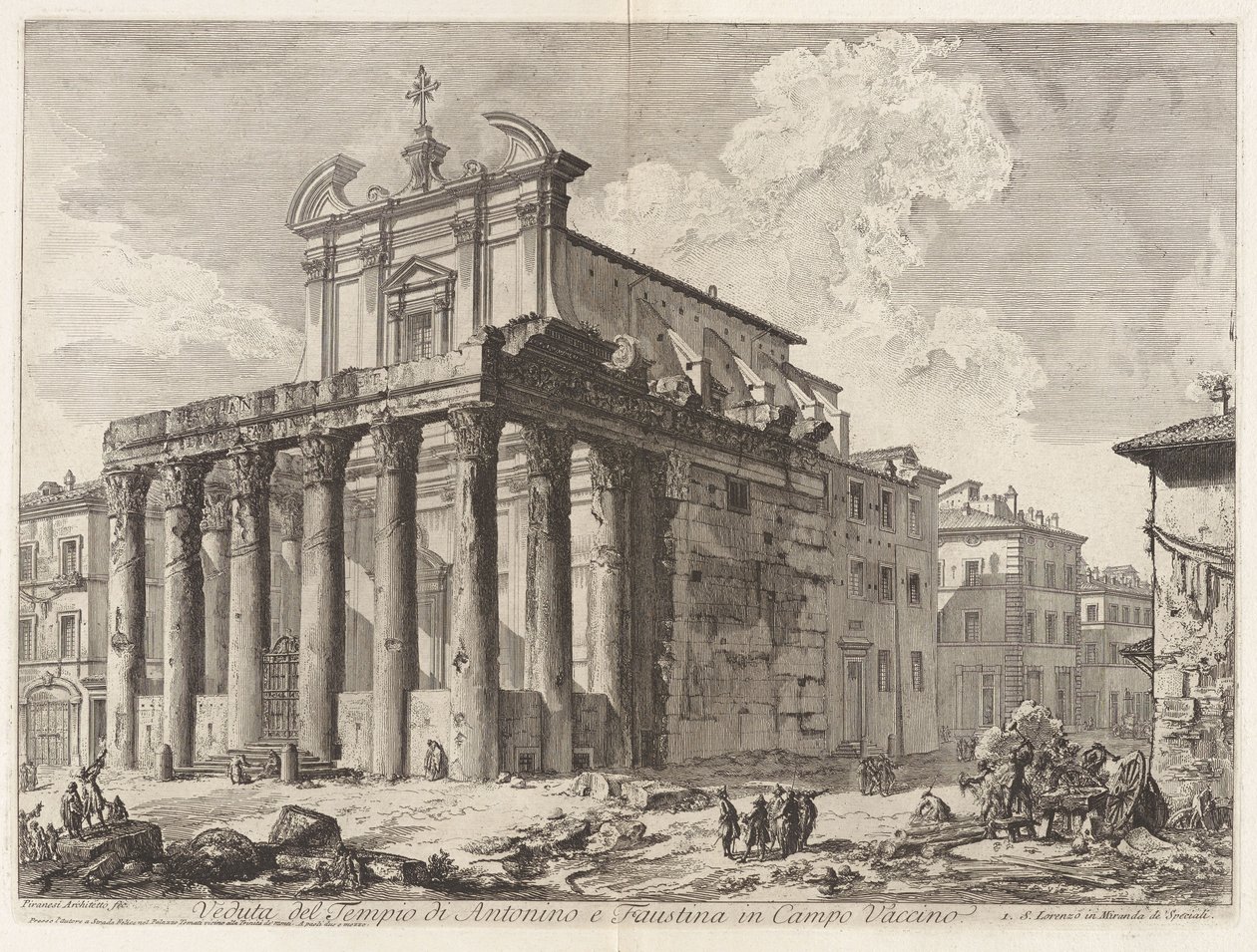Antoninus és Faustina templomának látképe a Campo Vaccinón, a Vedute di Roma sorozatból alkotó: Giovanni Battista Piranesi