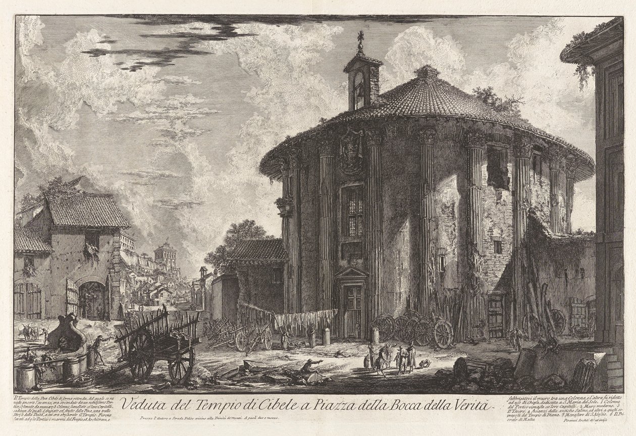 Kilátás a Cybele-templomra a Piazza della Bocca della Veriten? (Kilátás a Cybele-templomra a Bocca della Verit téren?), a Vedute di Romából (Róma látképe) alkotó: Giovanni Battista Piranesi