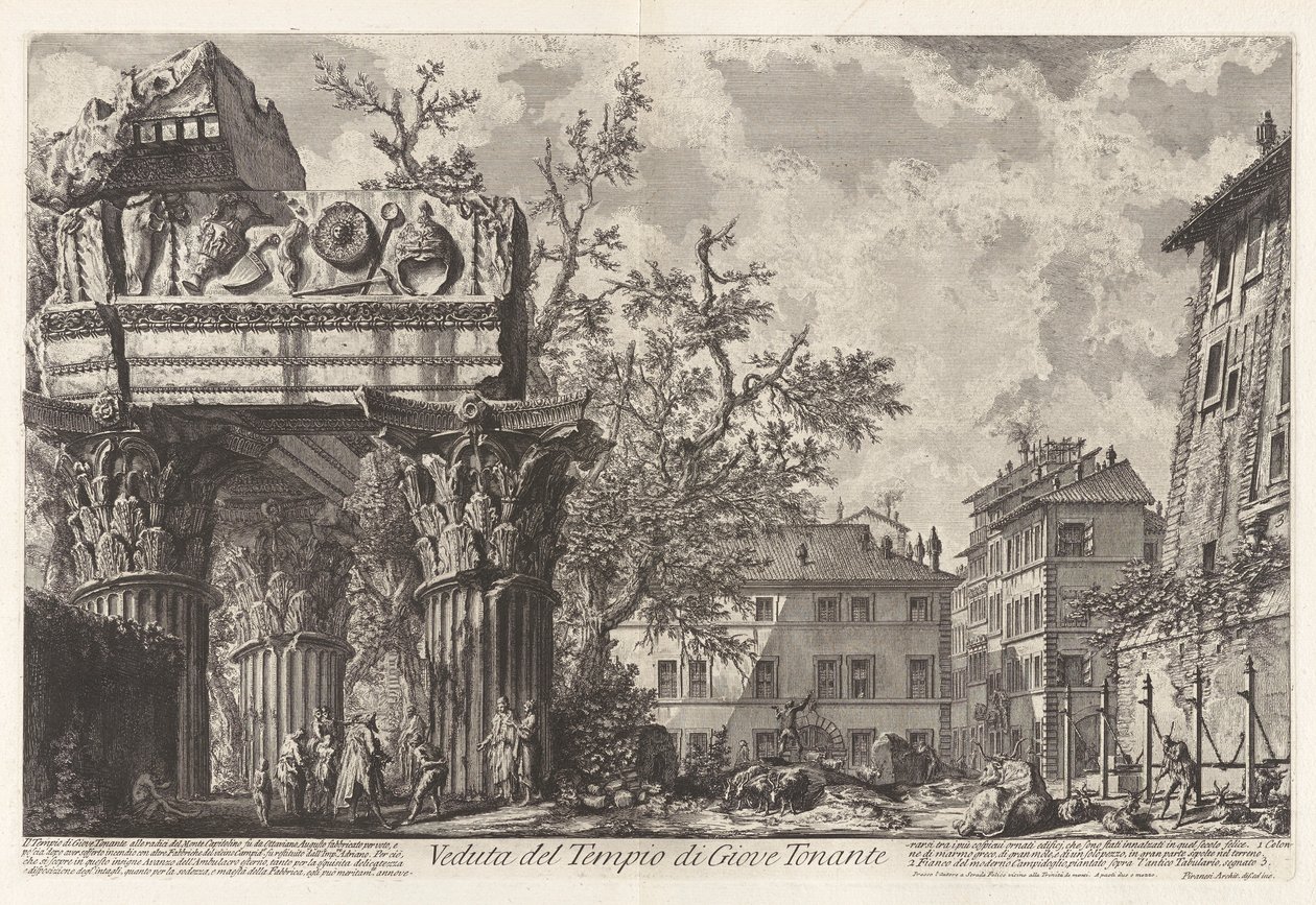 Veduta del Tempio di Giove Tonante (Jupiter Tonans [Jupiter, a Mennydörgés; valójában Vespasianus és Titus temploma]) a Vedute di Roma (Róma látképe) alkotó: Giovanni Battista Piranesi