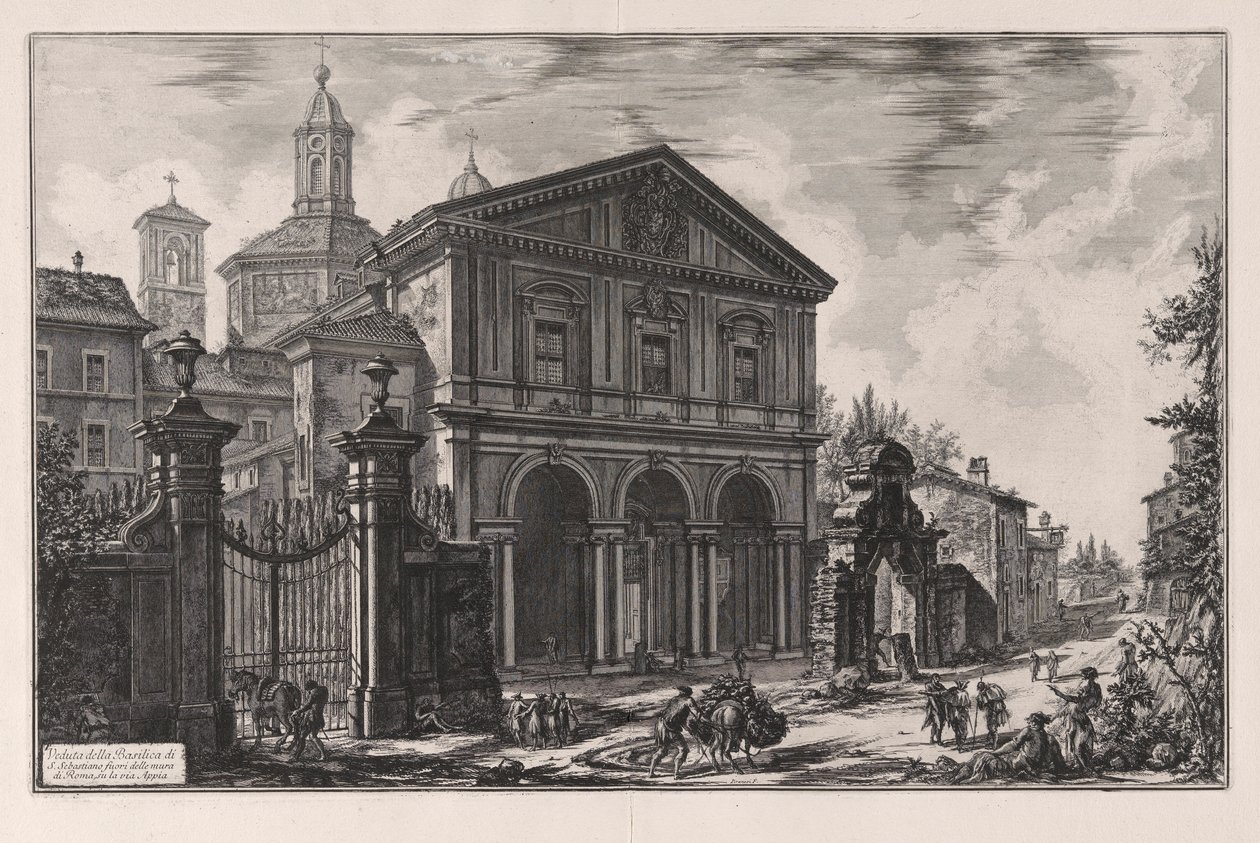 Kilátás a római San Sebastiano fuori delle Mura bazilikára, az Appian úton, a Vedute di Roma felől (Római kilátás) alkotó: Giovanni Battista Piranesi