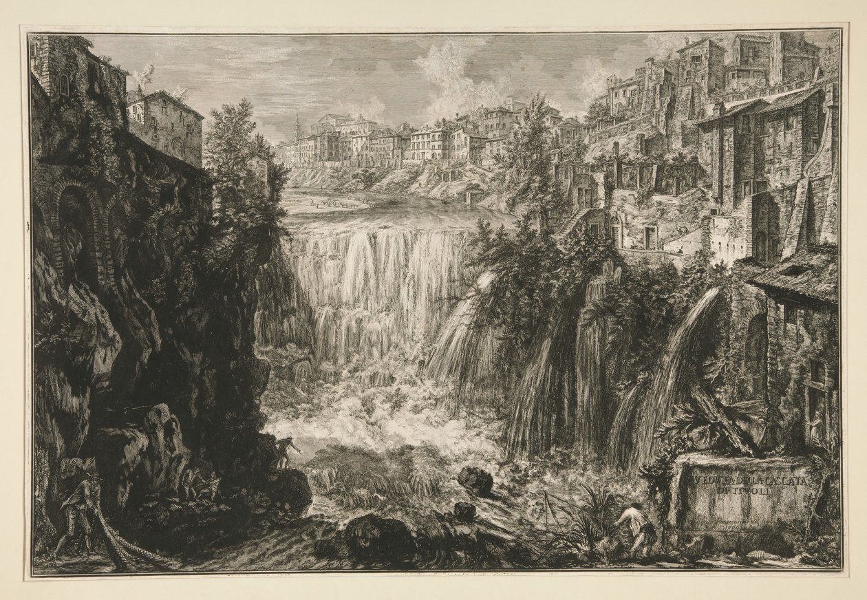 Kilátás a tivoli vízesésre, a Vedute di Roma sorozatból alkotó: Giovanni Battista Piranesi