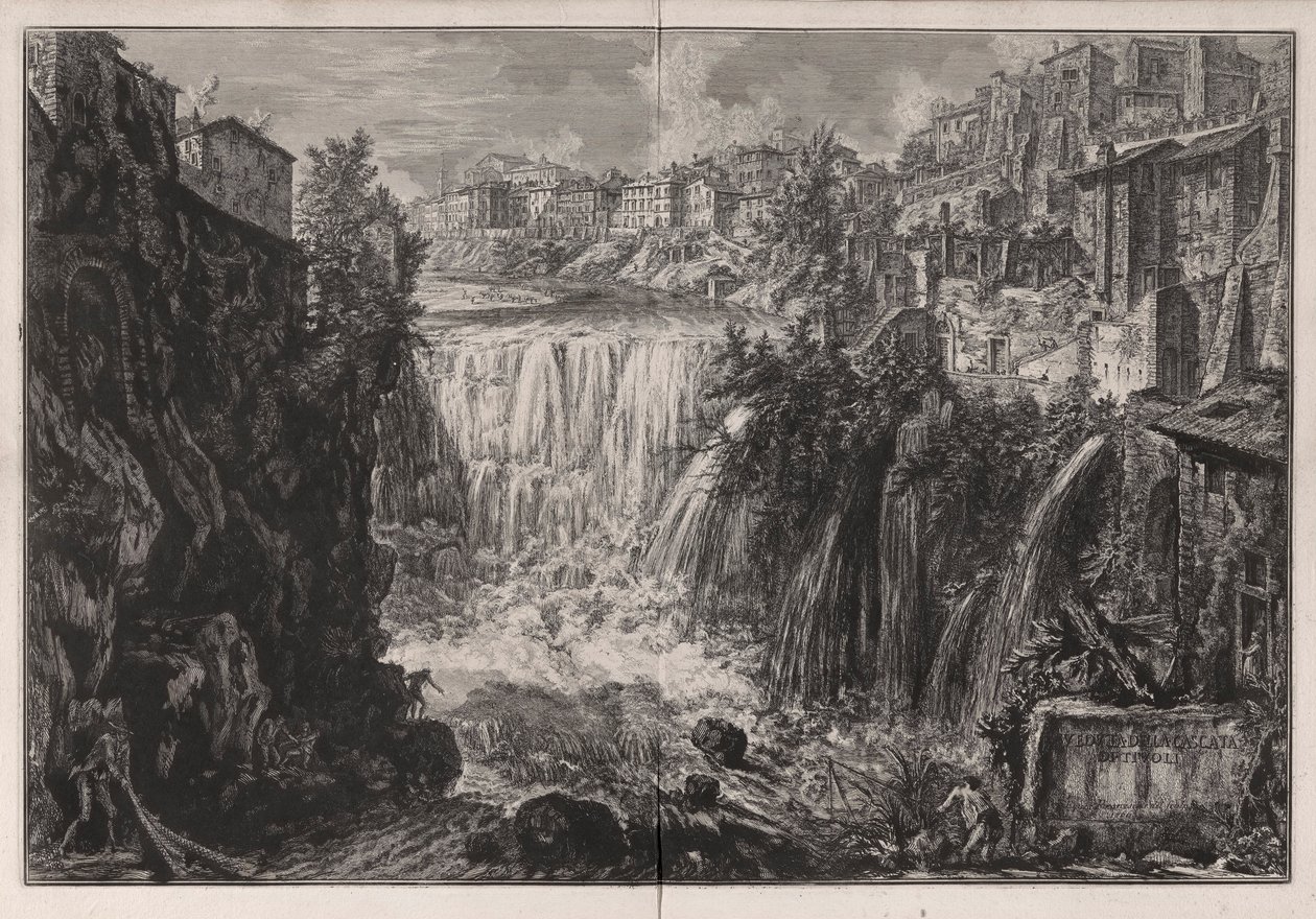 Veduta della Cascata di Tivoli (Kilátás a Tivoli-vízesésre), a Vedute di Roma-ból (Róma látképe) alkotó: Giovanni Battista Piranesi
