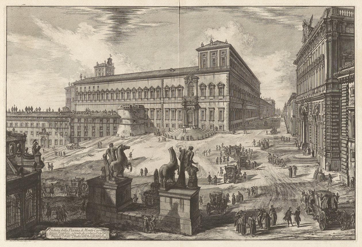 Kilátás a Piazza di Monte Cavallo-ra (Kilátás a Piazza di Monte Cavallo-ra [Piazza del Quirinale, a Quirinal-palotával a közepén]), a Vedute di Romáról (Róma látképe) alkotó: Giovanni Battista Piranesi