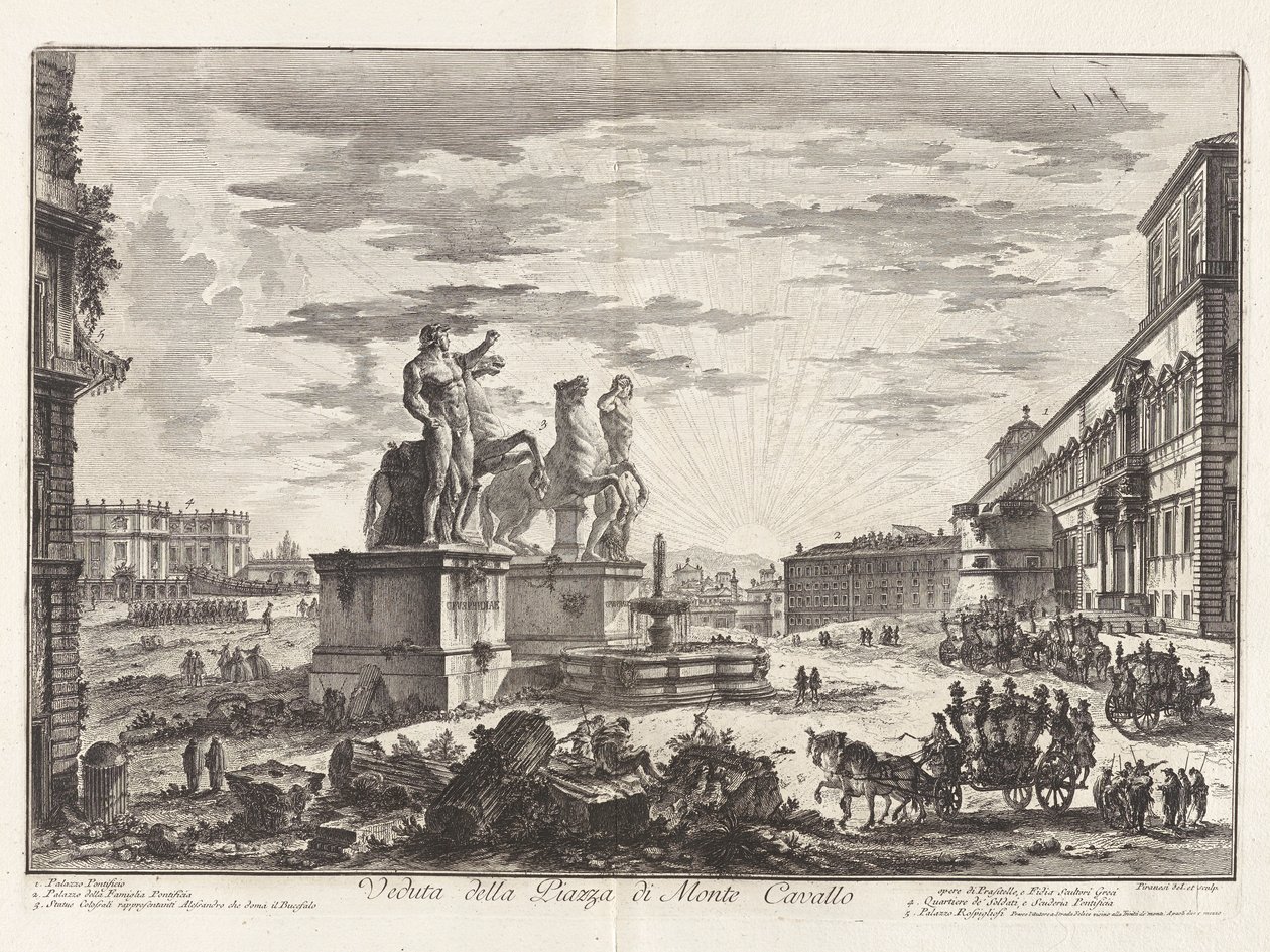 Kilátás a Piazza di Monte Cavallo-ra (Kilátás a Piazza di Monte Cavallo-ra [ma Piazza del Quirinale a Quirinal-palotával]), a Vedute di Romáról (Róma látképe) alkotó: Giovanni Battista Piranesi
