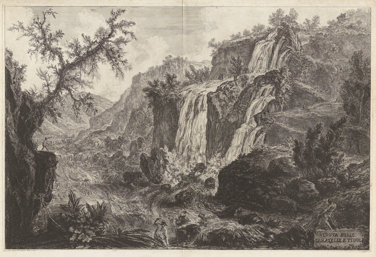 Kilátás a tivoli kis vízesésekre, a Vedute di Roma című műből alkotó: Giovanni Battista Piranesi