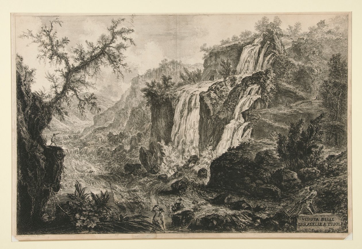Kilátás a kis vízesésekre Tivolinál, a Vedute di Roma felől alkotó: Giovanni Battista Piranesi