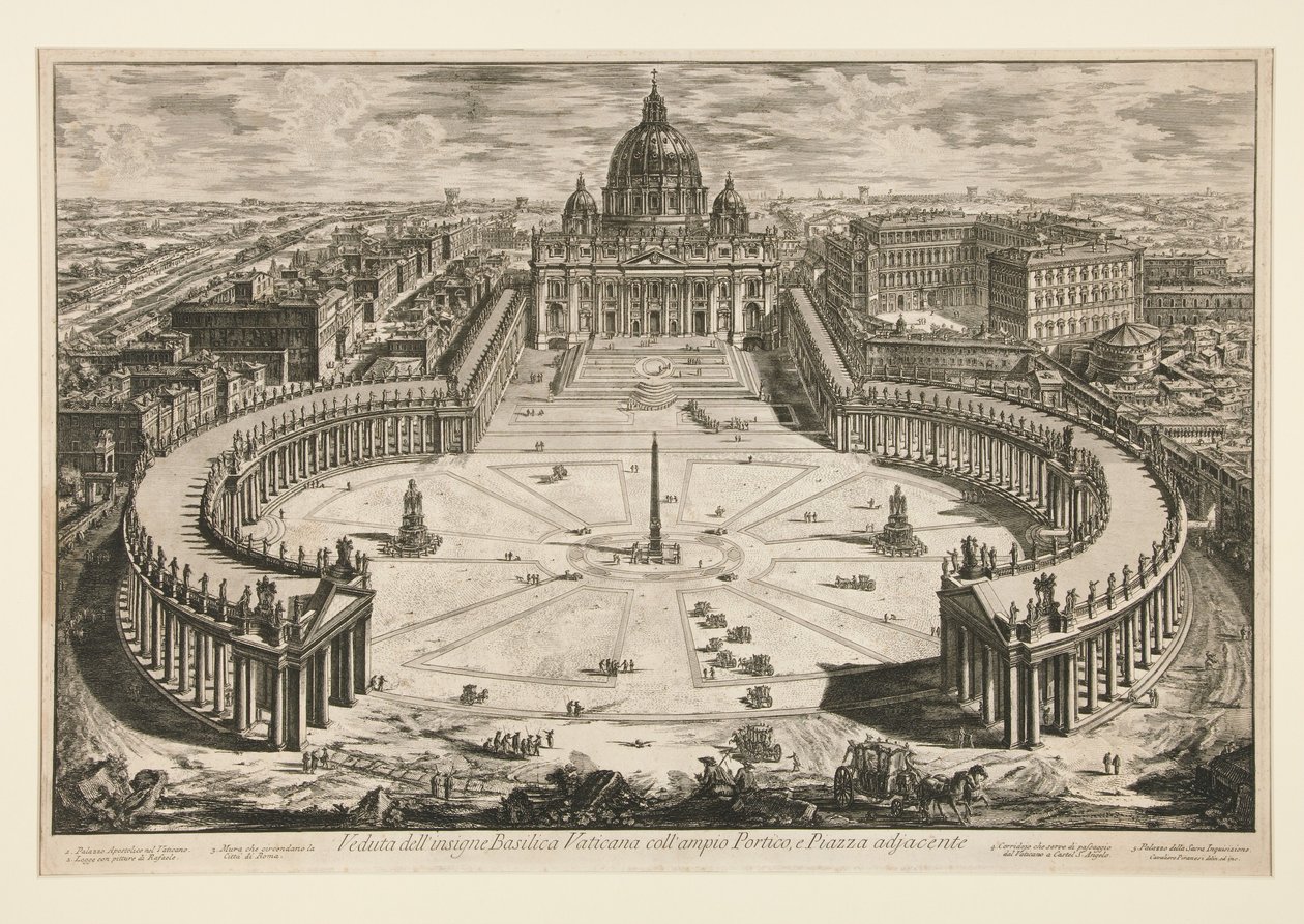 A híres vatikáni bazilika látképe a tágas oszlopcsarnokkal és a szomszédos térrel, a Vedute di Roma című műből alkotó: Giovanni Battista Piranesi