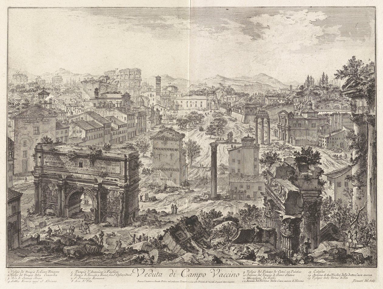 Veduta di Campo Vaccino (Kilátás a Campo Vaccino-ra [a Forum Romanum, a Capitolium-dombról]), a Vedute di Roma-ból (Róma látképe) alkotó: Giovanni Battista Piranesi