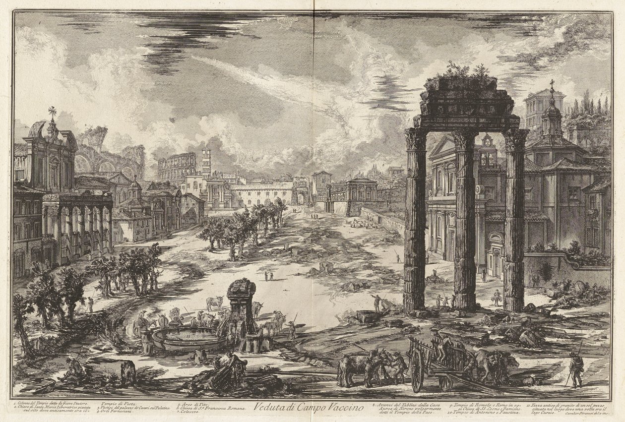 Veduta di Campo Vaccino (Kilátás a Campo Vaccino-ra [a római fórum Castor és Pollux templomával jobbra]), Vedute di Romától (Róma látképe) alkotó: Giovanni Battista Piranesi