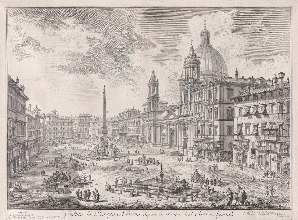 Kilátás a Piazza Navonára a Domitianus-cirkusz romjai felett, a Vedute di Roma felől (Róma látképe) alkotó: Giovanni Battista Piranesi
