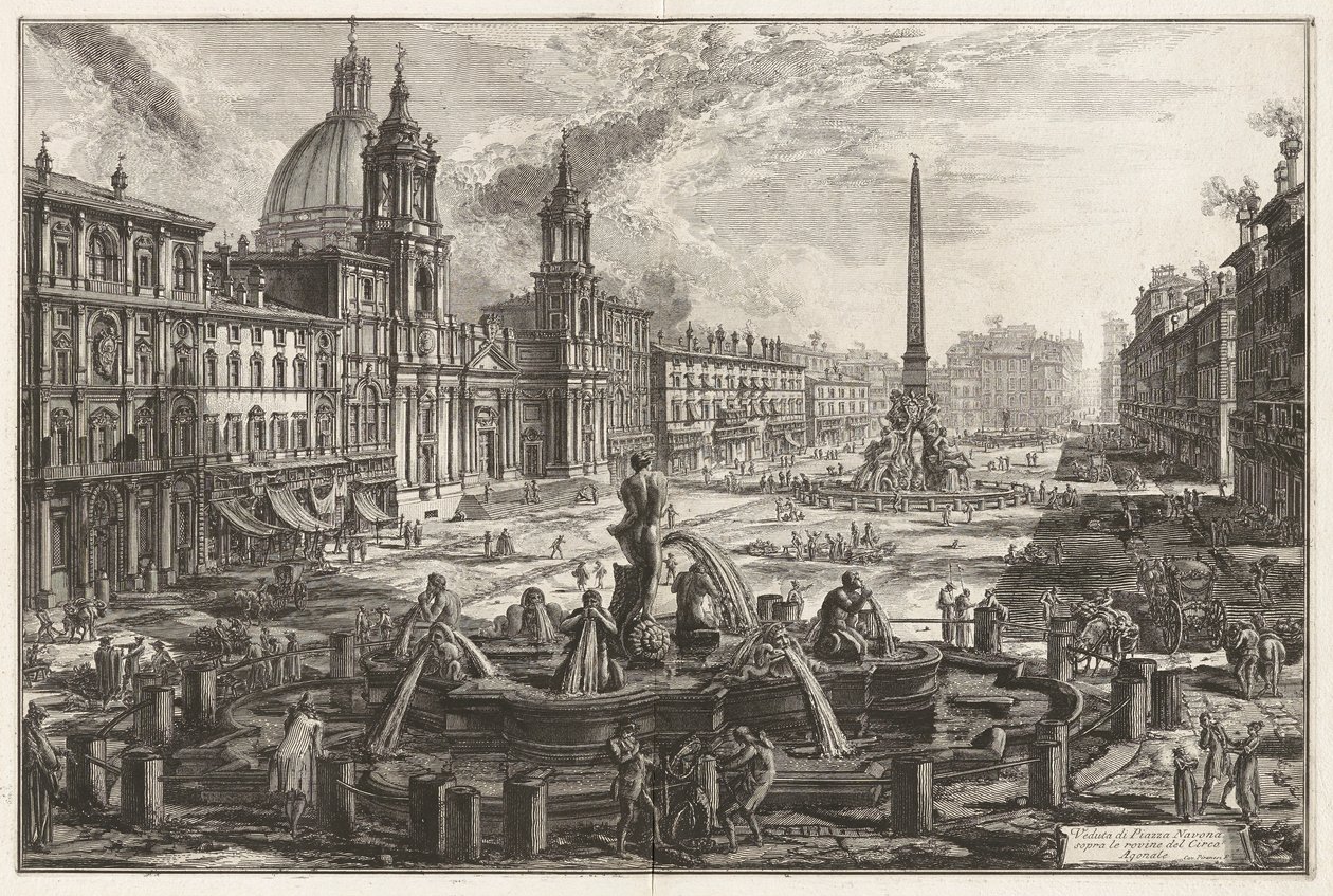 Kilátás a Piazza Navona térre a Circus Agonalis [Domitianus cirkusza] romjai felett, a Vedute di Roma felől (Róma látképe) alkotó: Giovanni Battista Piranesi