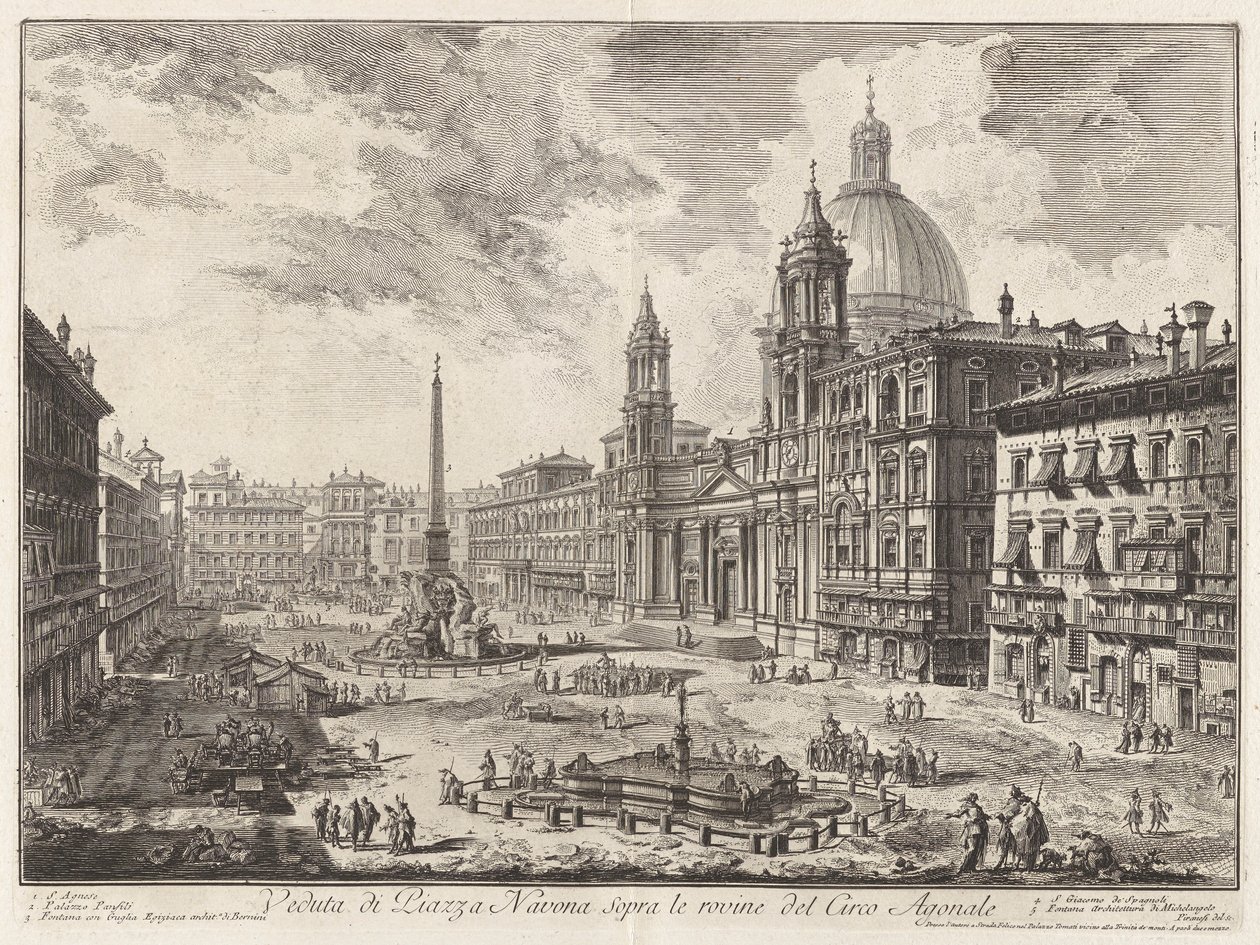 Kilátás a Piazza Navona térre a Domitianus-cirkusz romjai felett, a Vedute di Roma felől (Róma látképe) alkotó: Giovanni Battista Piranesi