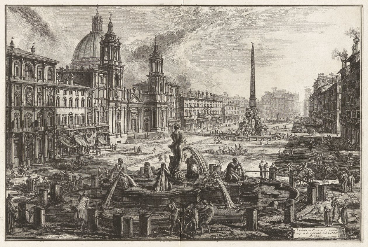 A Piazza Navona látképe a Circus Agonalis [Domitianus cirkusza] romjai fölött, a Vedute di Roma (Római látképek) című sorozatból alkotó: Giovanni Battista Piranesi
