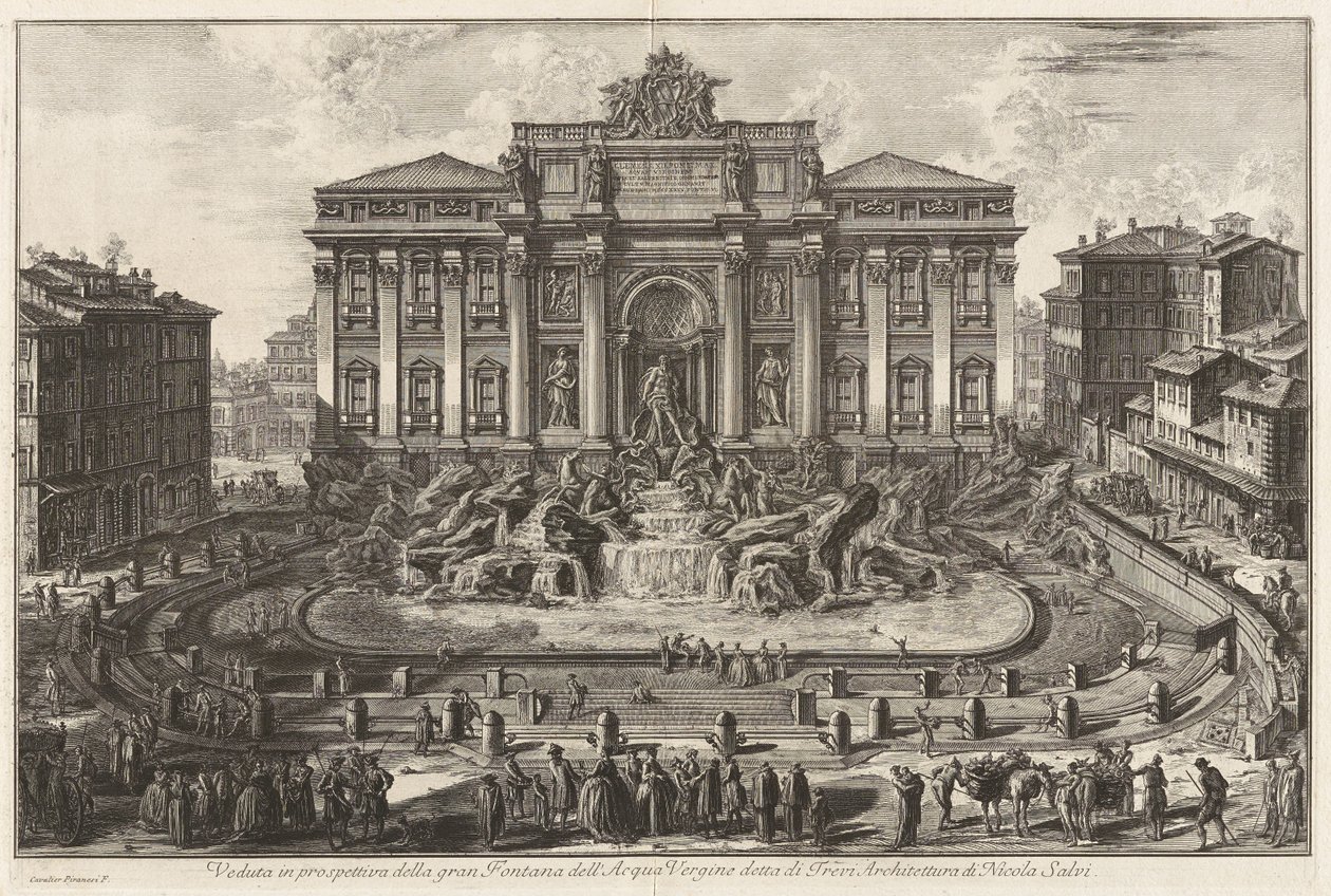Az Acqua Vergine nagy szökőkútjának perspektivikus látképe, Trevi-kút néven, Nicola Salvi építészete, a Vedute di Roma című műből alkotó: Giovanni Battista Piranesi