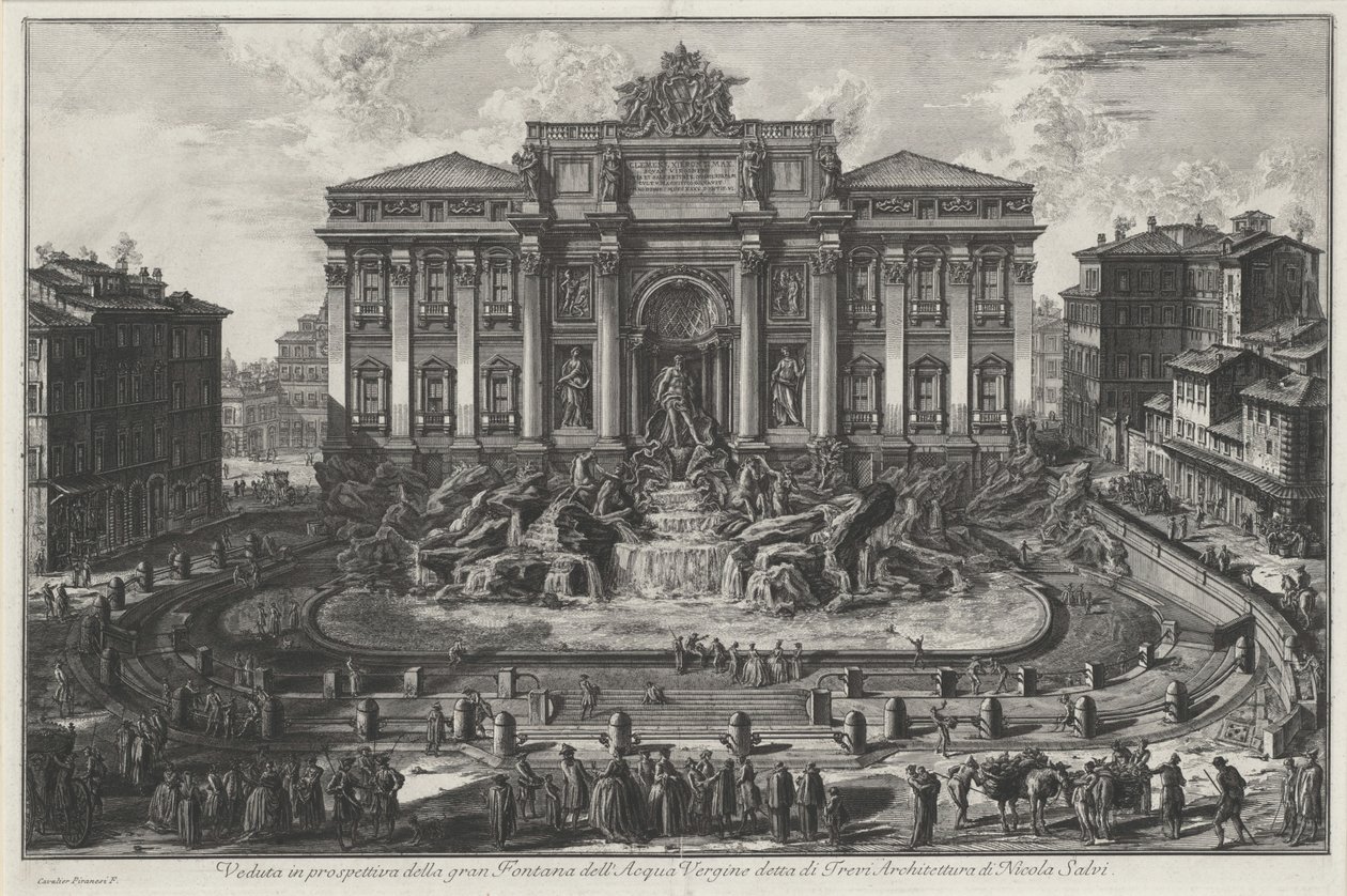 A Trevi nevű Acqua Vergine nagy szökőkútjának perspektivikus látképe, Nicola Salvi építészete alkotó: Giovanni Battista Piranesi