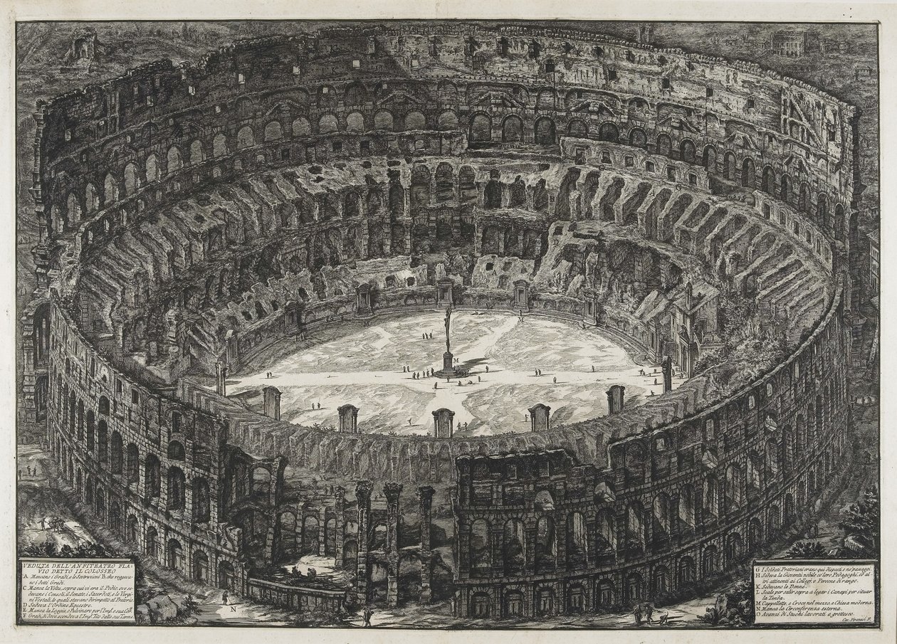 Kilátás a Colosseumnak nevezett Flavian-amfiteátrumra, a "Róma kilátásaiból" alkotó: Giovanni Battista Piranesi