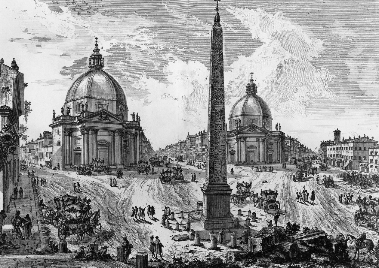 A római Piazza del Popolo látképe, Giovanni Battista Piranesi (1720-1778) metszete a római régiségekből alkotó: Giovanni Battista Piranesi