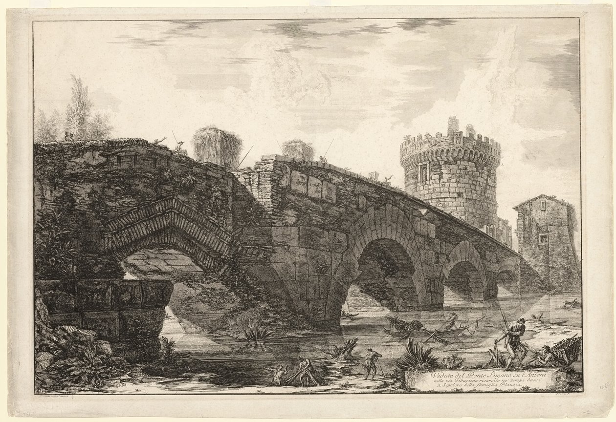 Kilátás a Ponte Luganóra az Anión, a Római kilátásból alkotó: Giovanni Battista Piranesi
