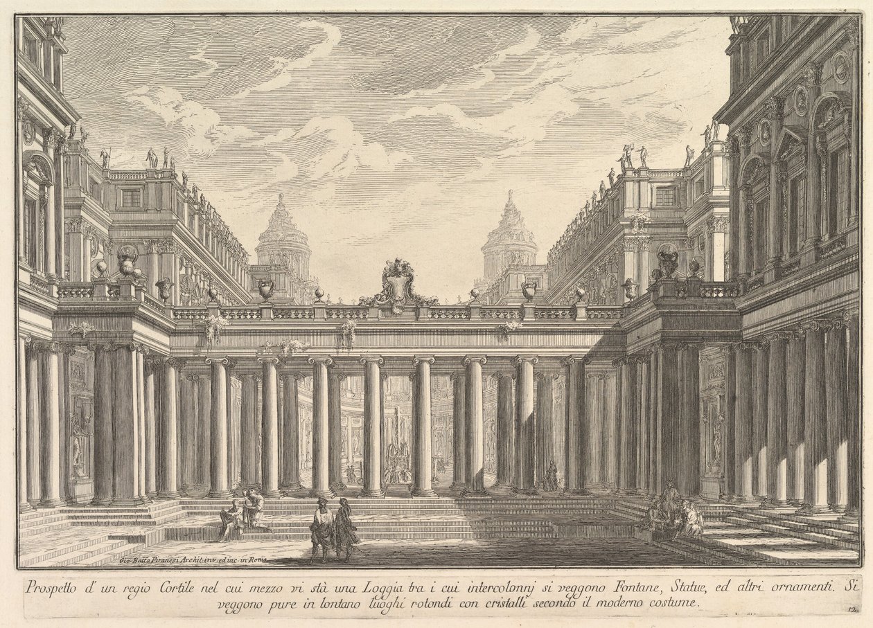 Kilátás az udvarra loggiával, szökőkutakkal, szobrokkal és egyéb dísztárgyakkal Prospetto ..., kb. 1750. alkotó: Giovanni Battista Piranesi