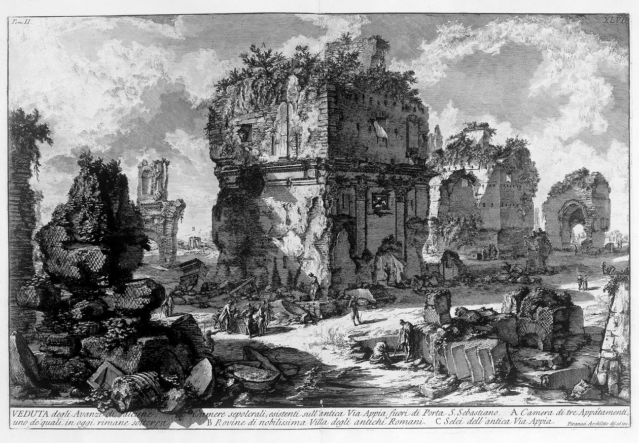 Kilátás egy sírra a Via Appián Rómában. Giovanni Piranesi (piranese) rajza (1720-1778). 1756 alkotó: Giovanni Battista Piranesi